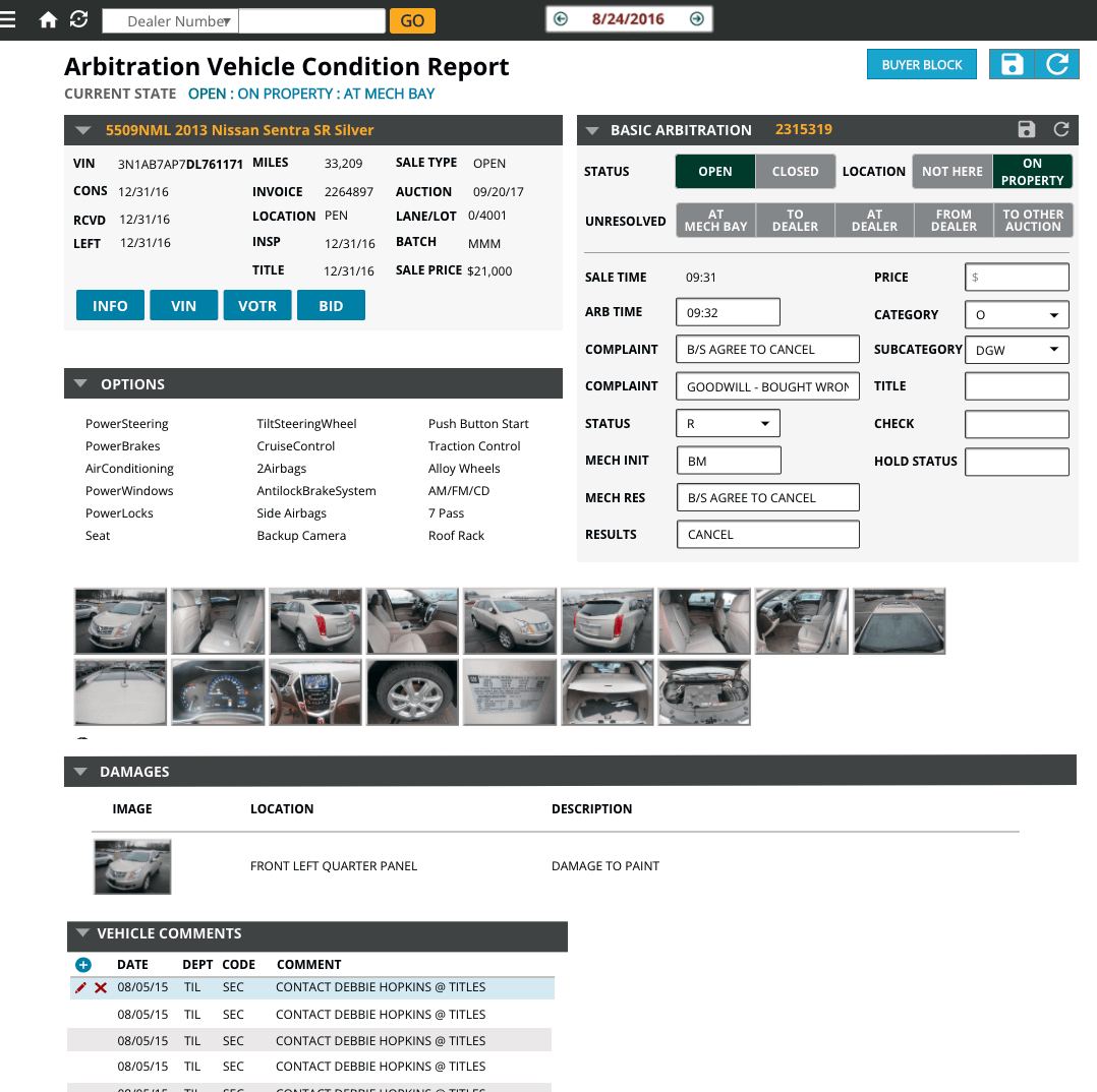 Image of Arbitration-Vehicle-Condition-Report screen