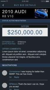 Screen capture of VinBid User Interface Design