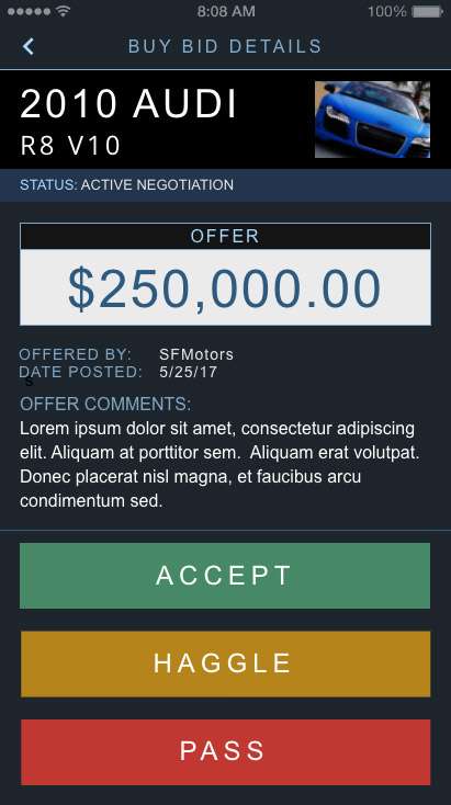 Screen capture of VinBid User Interface Design