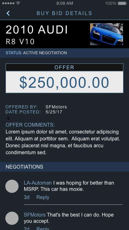 Screen capture of VinBid User Interface Design