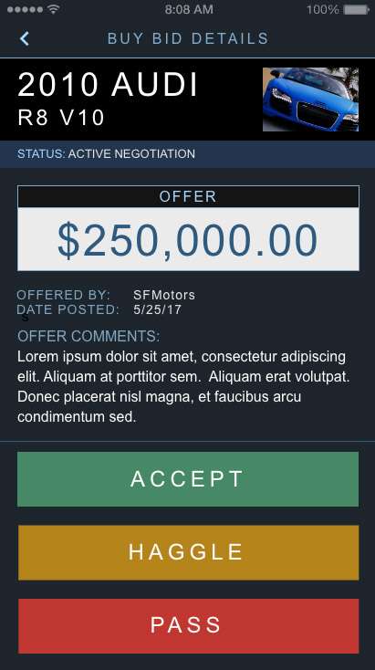 Screen capture of VinBid User Interface Design