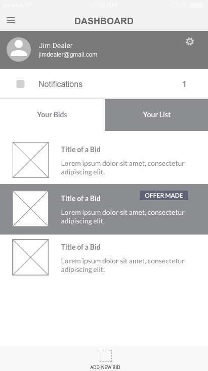 Screen capture of VinBid User Experience Design