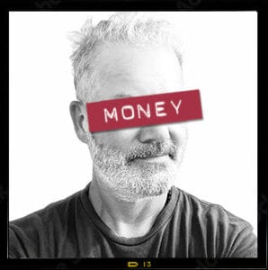 "Money" printed on red tape over a person's eyes