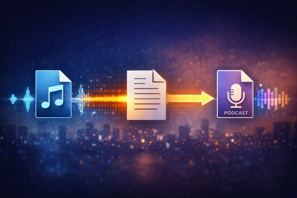 Illustration showing audio sound waves transforming into binary data and then into text and media files, representing a local, privacy-first audio-to-text publishing workflow.