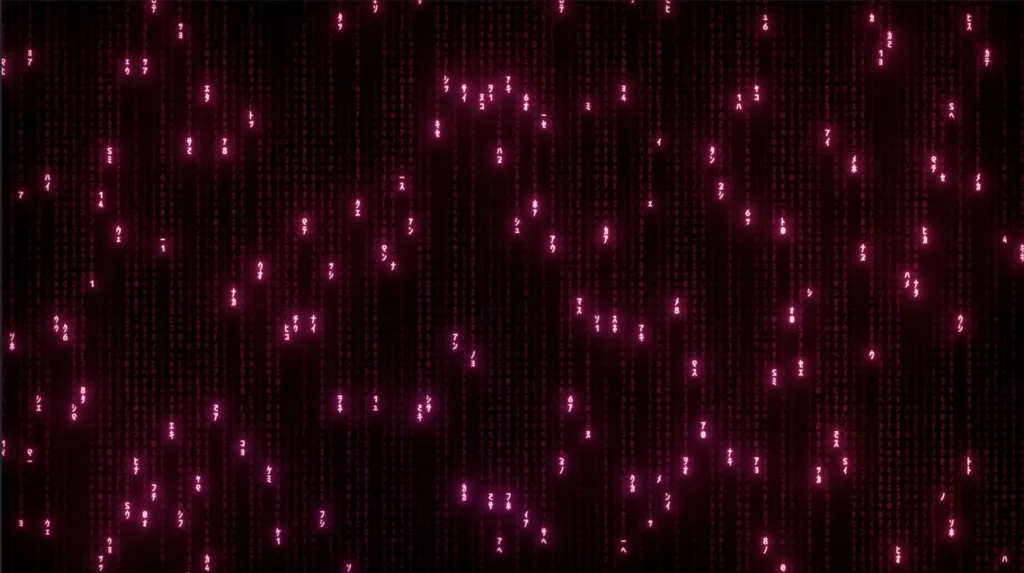 Image of red matrix letters falling down the screen.