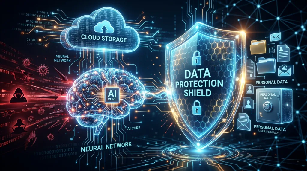 Digital AI brain connected to cloud storage and a data protection shield protecting personal data icons